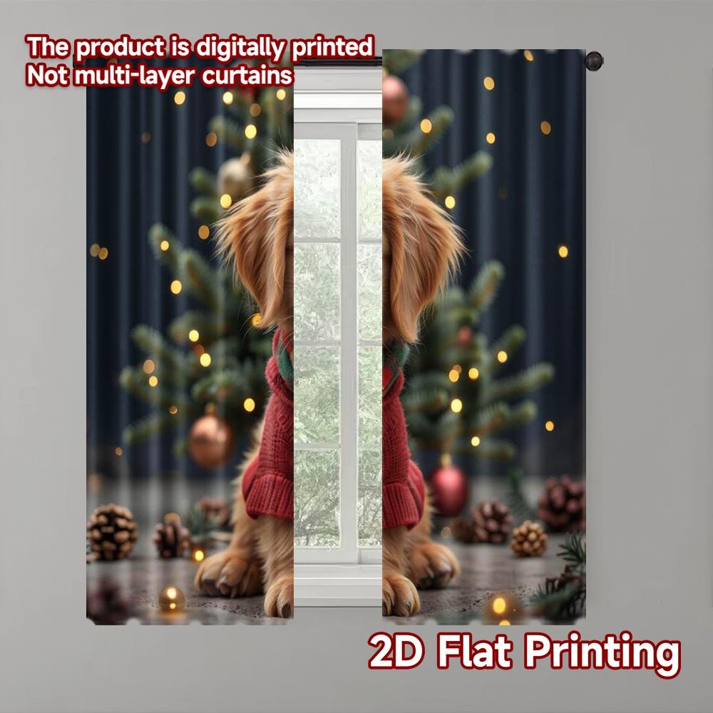 

Set Of 2 Flat Printing Merry Christmas Window Drapes Yellow Dog Fabric Without Electricity Spring Curtain Made Polyester Machine Washable W100*H70(CM)-Grommet top&2PCS