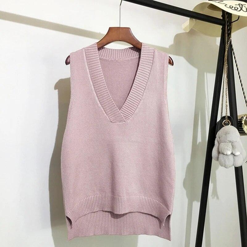 V-neck Knitted Vest Womens Sweater Autumn And Winter 2023 Vinatge Loose Pullover Women Vest Sleeveless Sweaters Fashion 11810