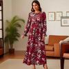 Women Vintage Print Long Sleeve Loose Round Neck A Line Long Dress