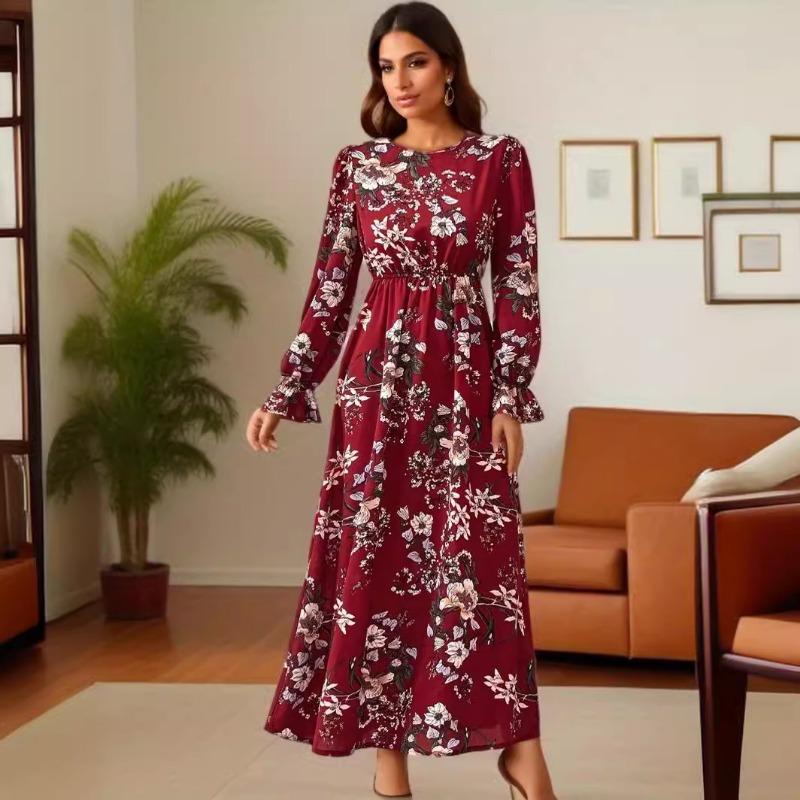 Women Vintage Print Long Sleeve Loose Round Neck A Line Long Dress