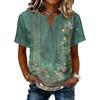 Women’s Vintage Floral Print Short Sleeve Cotton Linen Henley Button Front Shirt Casual Loose Fit Blouse Top for Summer