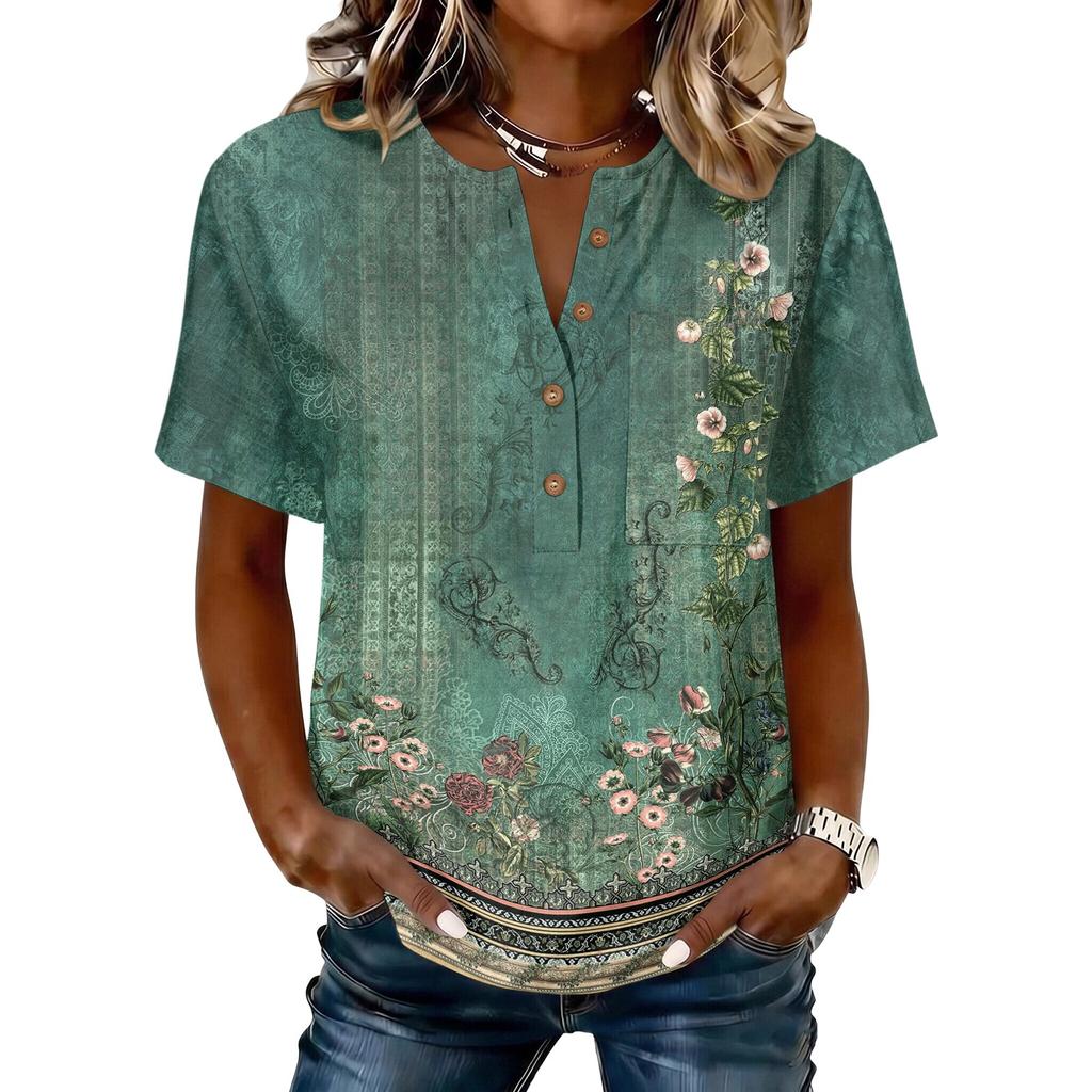 Women’s Vintage Floral Print Short Sleeve Cotton Linen Henley Button Front Shirt Casual Loose Fit Blouse Top for Summer