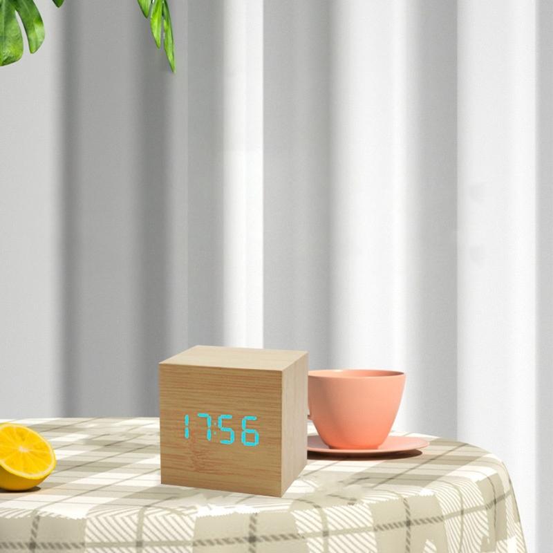 Wood Cube Voice Control Alarm Clock Bedside Table Square Clock Multipurpose for Children Bedroom Dormitory