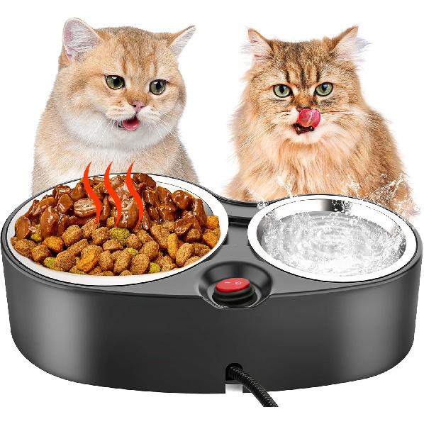 Heated Cat Bowl for Food & Water, Double Heating Cat Bowls Outdoor Heated Pet Bowl with 2 Stainless Steel Cat Bowls Heated Water Bowl for Feral Cat