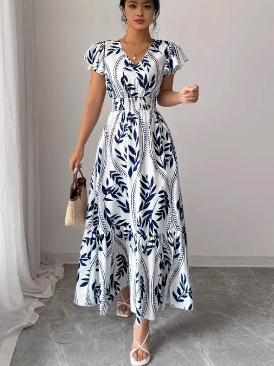 2026 Spring/Summer V-neck Printed Ruffled Slimming Long Dress