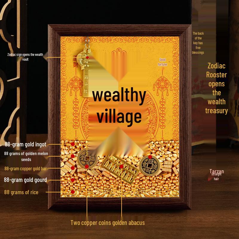 2025 Auspicious Open Wealth Photo Frame with Golden Key, Solid Wood Entrance Foyer, Zodiac Animals, Five Roads to Attract Wealth.
