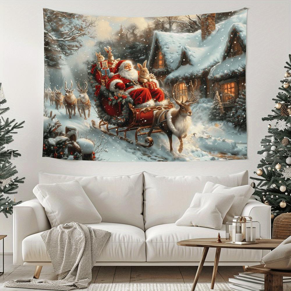 Santa on Sleigh Wall Tapestry Snowy Town Landscape Christmas Decor for Living Room Home Party