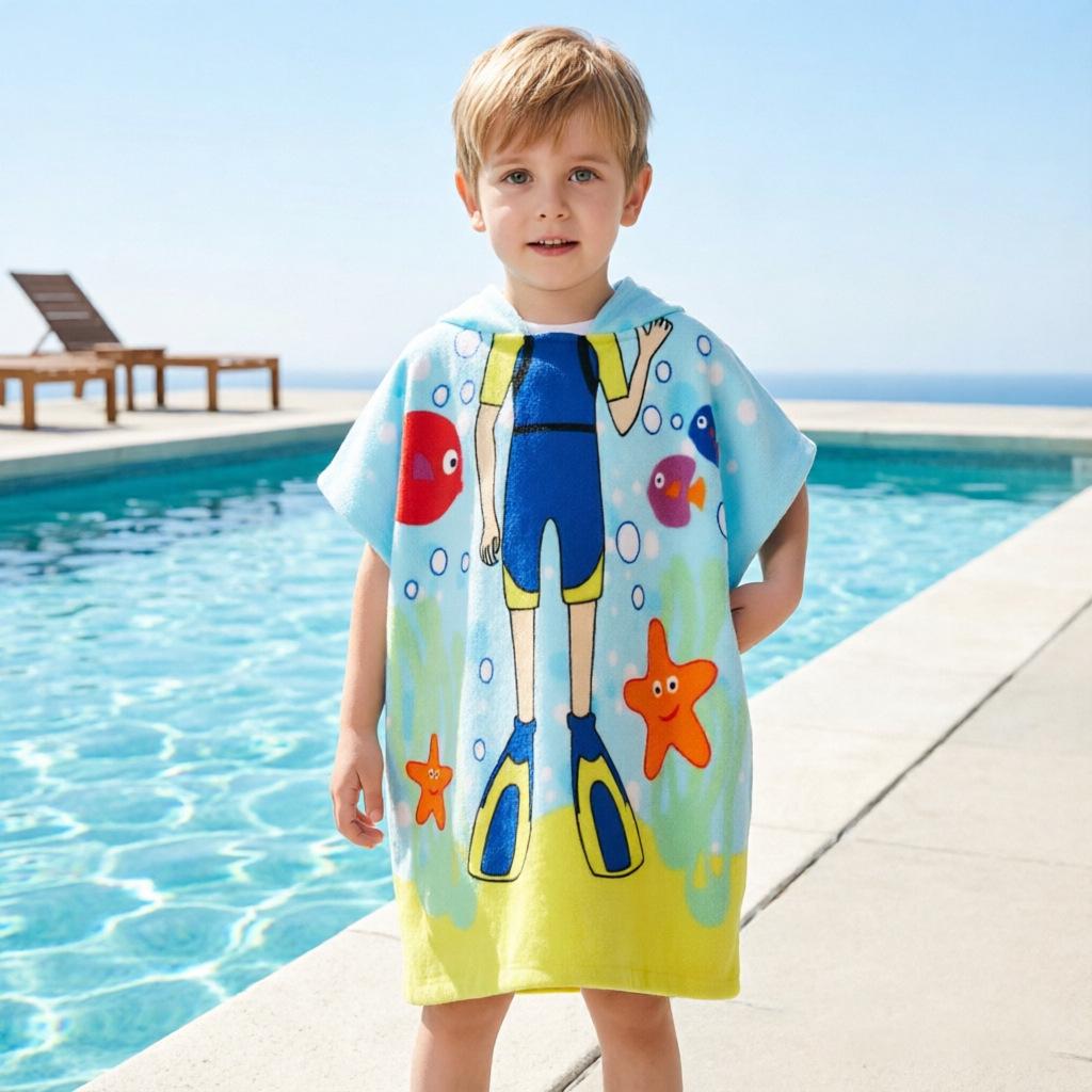 Ultra-Fine Fiber Cartoon Print Kids' Hooded Bath Towel Poncho