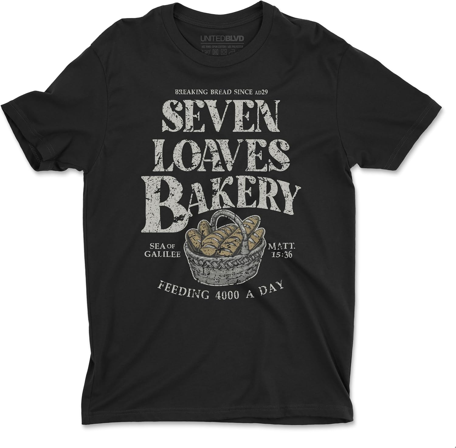 Seven Loaves Bakery Unisex T-Shirt|Christian Vintage Graphic Tee|Perfect for Religious Casual Wear Unisex T-Shirt S