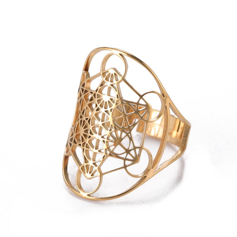 Adjustable Angel Seal Archangel Metatron Cube Ring Stainless Steel Sacred Geometry Spiritual Jewelry Gift for Men Women