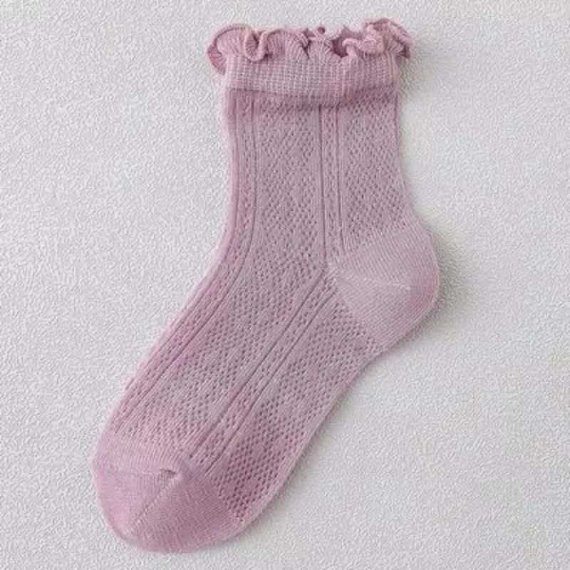 Spring and Summer Girls New Thin Breathable Comfortable Cotton Mesh Solid Lace Fashion Wooden Ear Edge Princess Socks