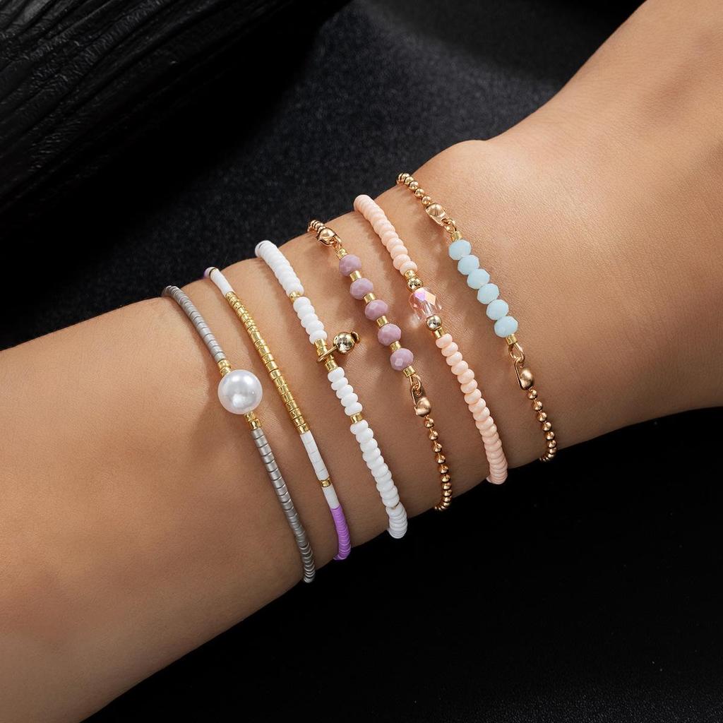 Conjunto de Pulseiras Elásticas com Contas de Cristal e Arroz Personalidade Estrela da Moda Transfronteiriça para Mulheres - 6 Peças