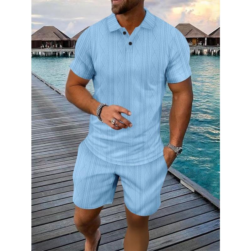 Men Casual Summer Turn Down Collar Short Sleeve Jacquard Polo Shirt And Shorts Set
