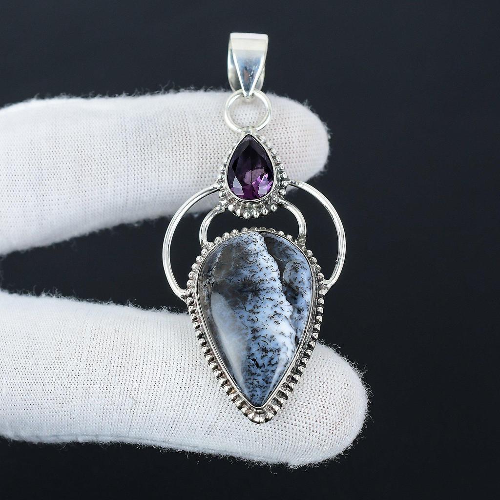 Natural Dendrite Opal Gemstone Silver Pendant In 925 Sterling Silver- Handmade Design, Everyday Wear Jewelry, Unique Amethyst Pendant Gift