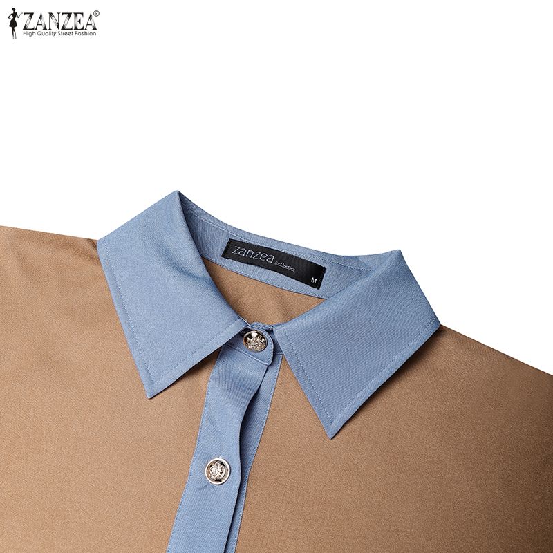 ZANZEA Women Casual Splice Turn Down Collar Long Sleeve Blouse