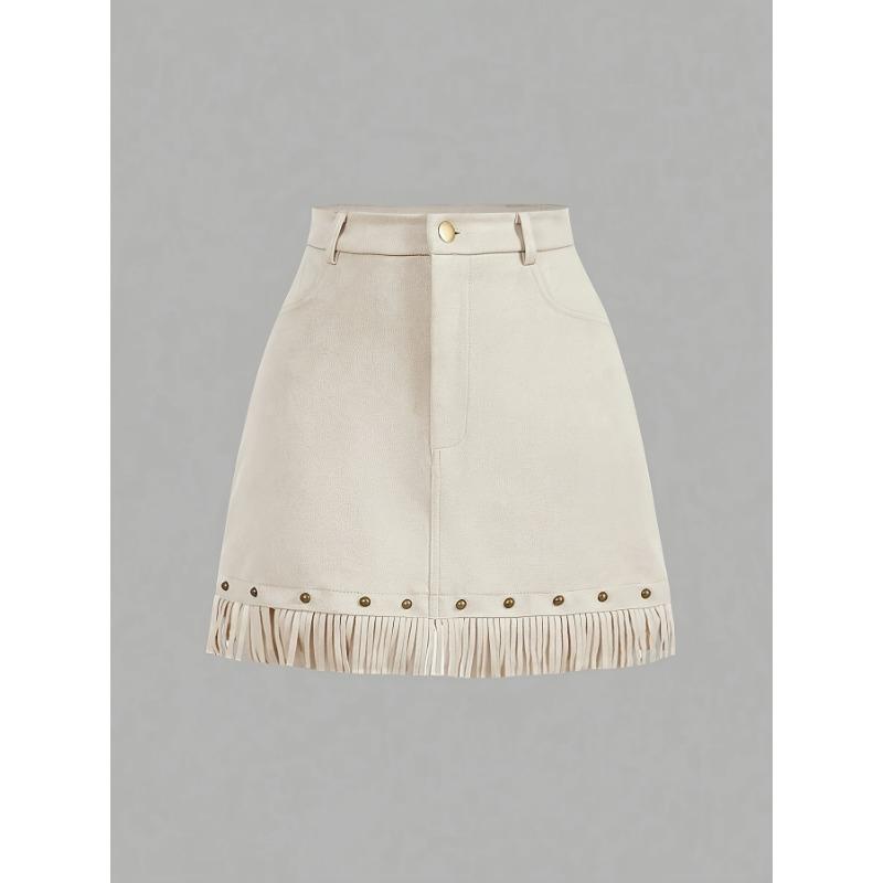 High-Waisted A-Line Tassel Hem Faux Suede Mini Skirt