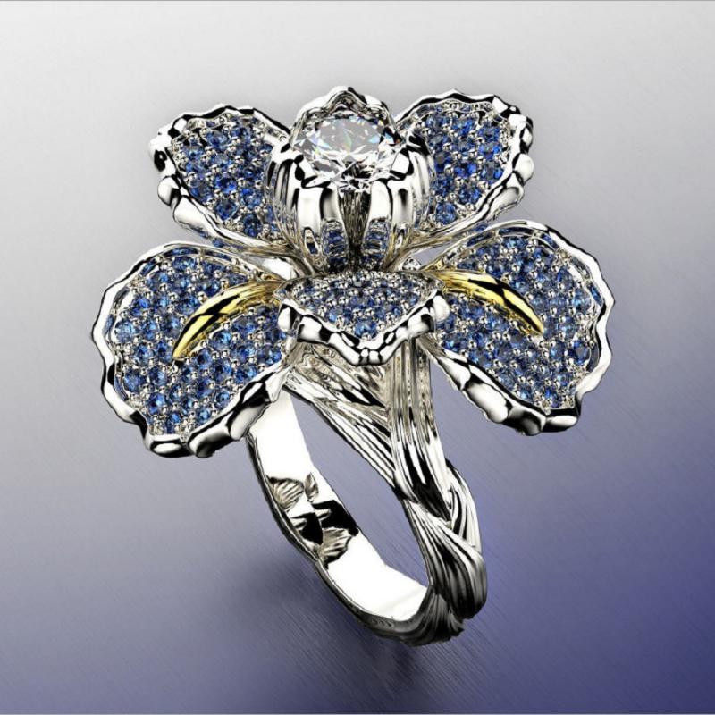 Micro-studded Iris Double-color Ring European Blue Topaz Floral Cluster Engagement Ring Minimalist Floral Diamond Ring with Creative Setting