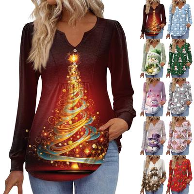 Damska Modna Codzienna Bluzka z Dekoltem w Serek Zapinana na Guziki Świąteczny Nadruk z Długim Rękawem Sweter T-shirt Top