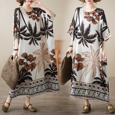 Summer Literary and Retro Middle-aged and Elderly Mother Clothing Cotton and Linen Positioning Flower Round Neck Loose Dress Women
