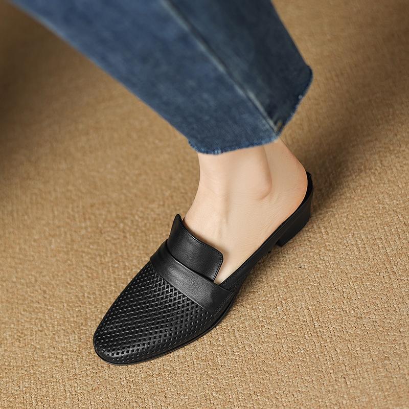 Fashion Women's New Summer Genuine Leather Sheepskin Breathable Hole Round Head, Mid Heel, Large Toe, M Ü Ller Slippers