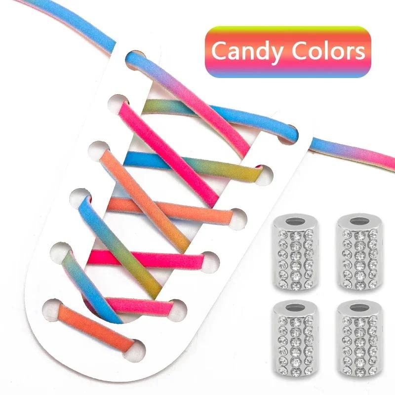 Elastic Round Printed Shoe Laces Diamond Metal Buckle No Tie Shoelaces Without Ties Shoelace for Sneakers Woman Man Shoestrings