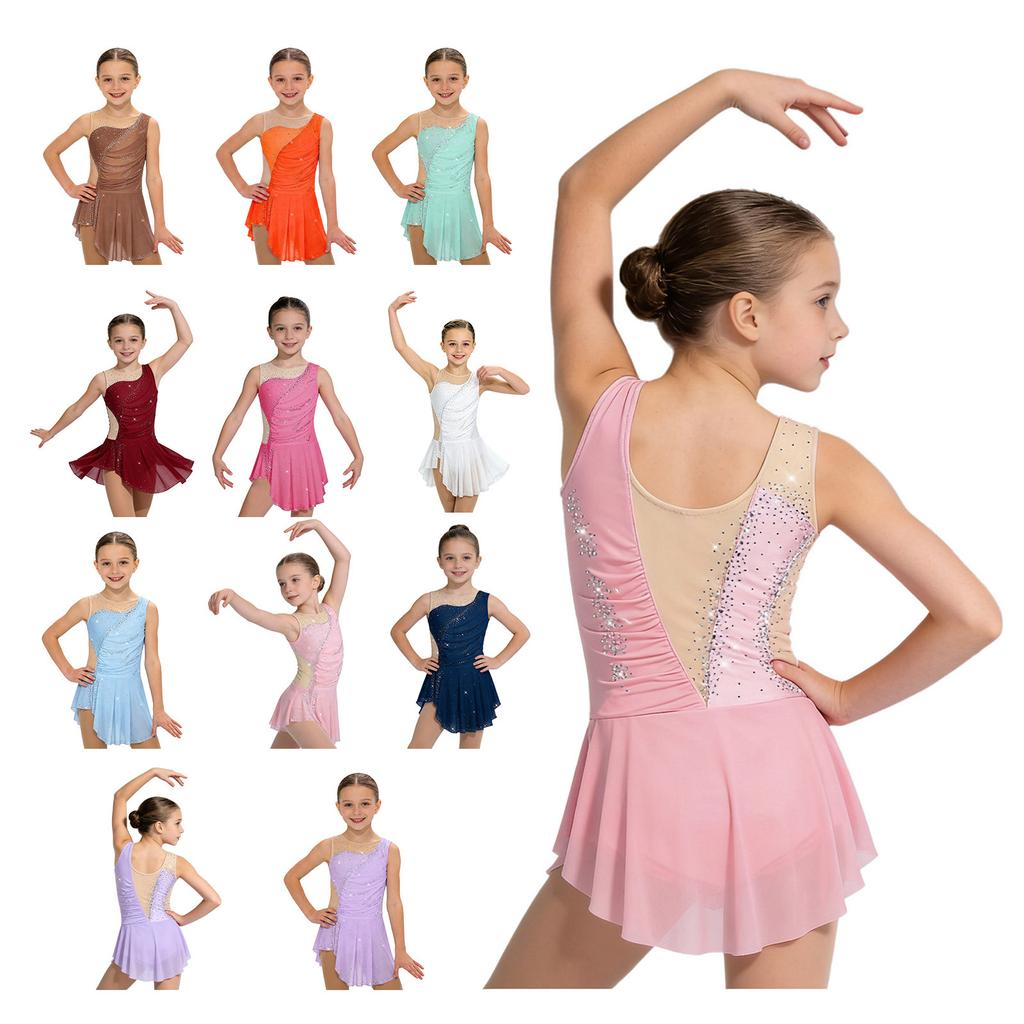 Abito da Gara da Ballo per Bambina Senza Maniche Patchwork Rete Strass Spacco Laterale con Slip Integrati per Pattinaggio Ginnastica Spettacolo