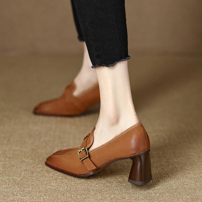 Fashion NEW Fall/Summer Women's Pumps Genuine Leather High Heels Square Toe Chunky Heel Shoes for Women Buckle Women Loafers Party Shoes