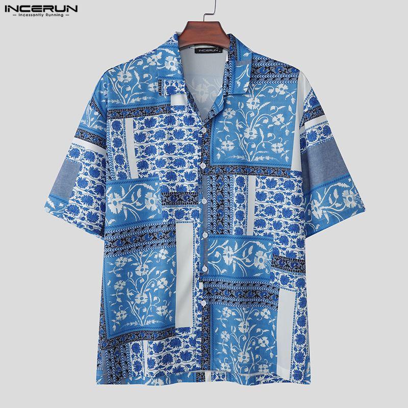 INCERUN Summer Men Lapel Neck Short Sleeve Print Beach Casual Holiday Hawaiian Shirts