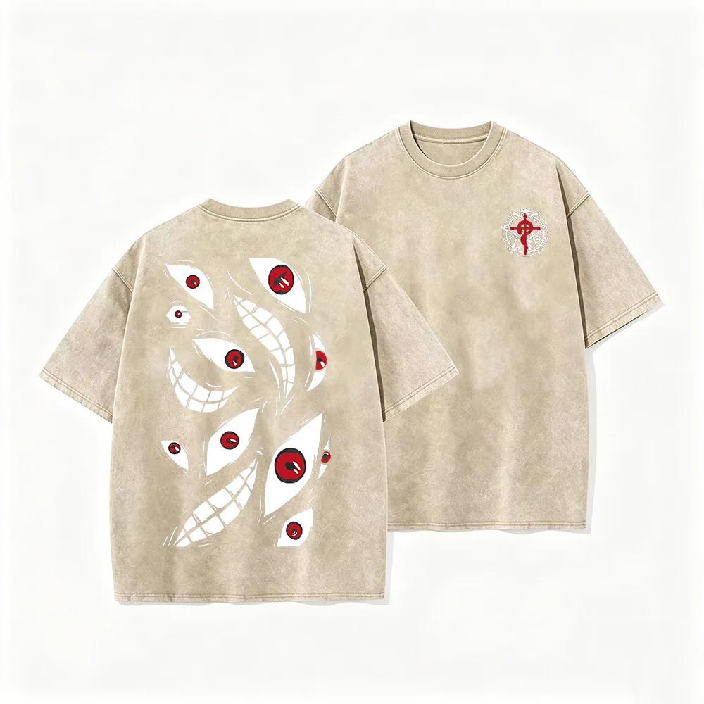 2026 Vintage Washed Black Dark Horror Eye Graphic T Shirt Distorted Grin Monster Print Oversized Men Casual Short Sleeve Tee