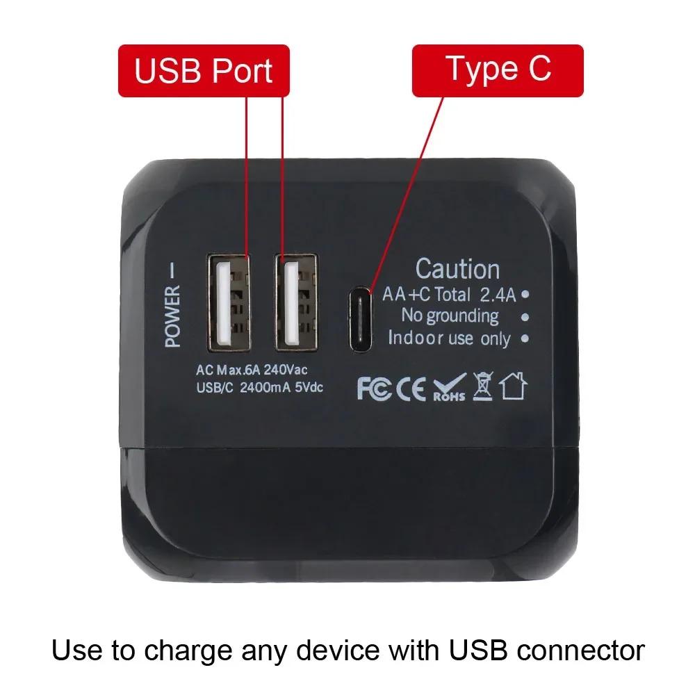 All-in-One Reiseadapter Wandladegerät 6A für US EU UK AU mit 2 USB-Anschlüssen und 1 Typ-C-Universalstecker