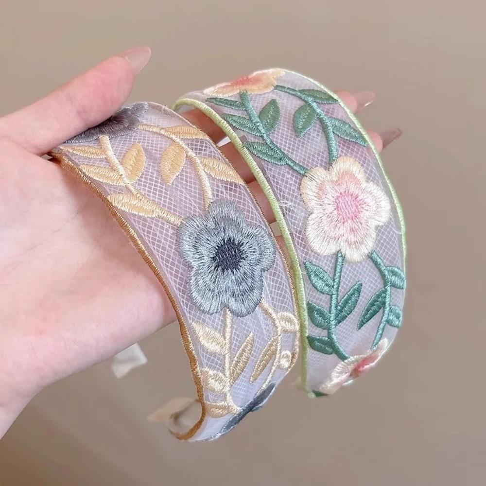 Wide Edge Embroidered Flower Headband Elegant Chiffon Hairband Women Fashion Hair Accessories