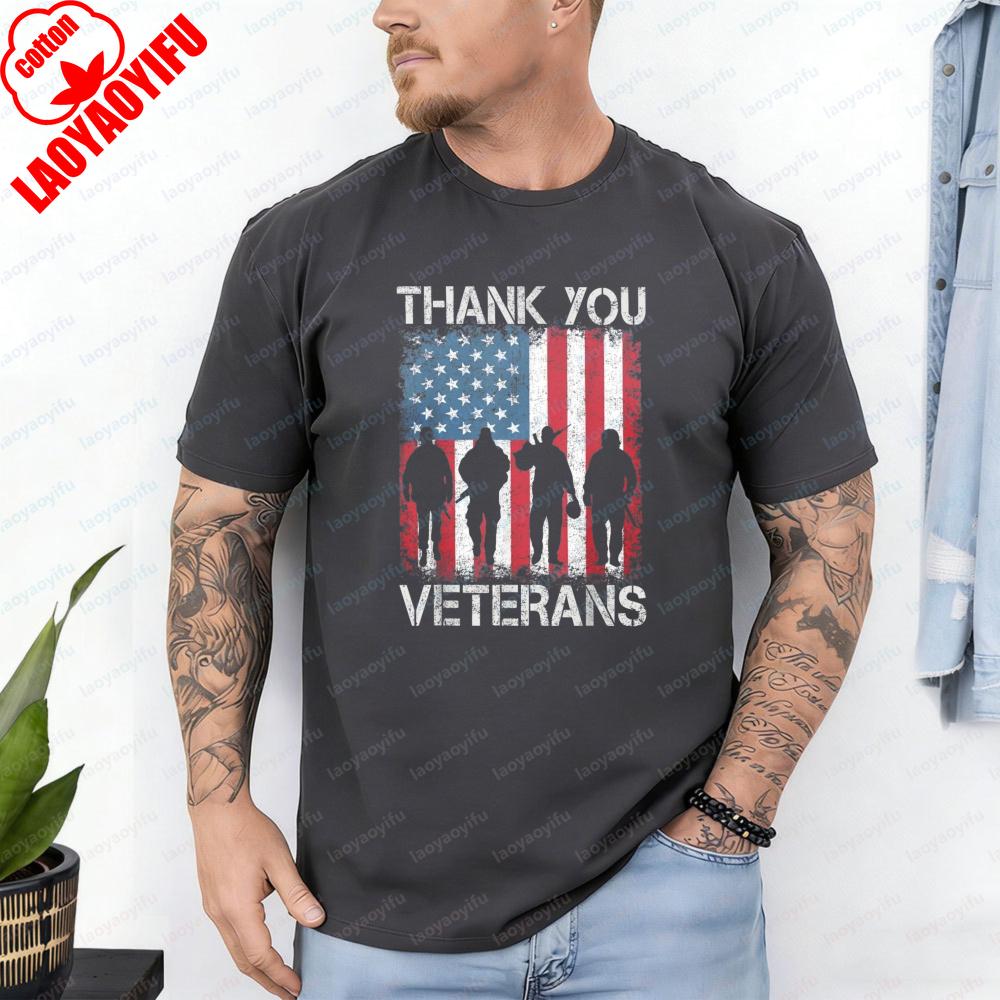 Thank You Veterans TShirt Homme America Flag Soldier Silhouette Patriotic Cotton Tee Veterans Day Vintage Simple Mens Clothes