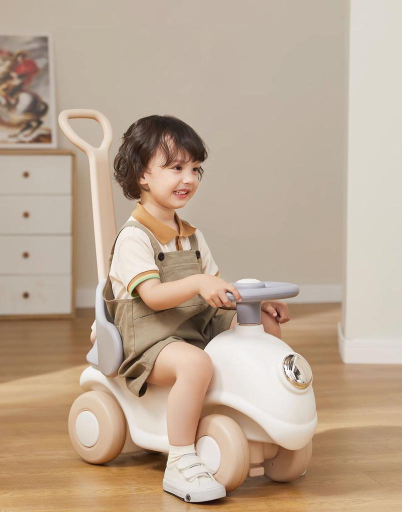 Gorocking Wooden Horse, Ride-on Toy for Children Ages 1-5, Foot-Powered Car, Push Handle, 4-in-1 (Light Brown)