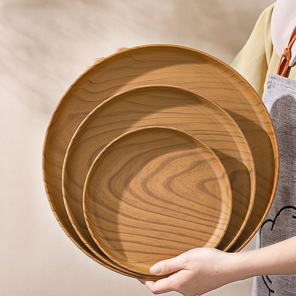 1Pcs Round Water Cup Tray Handmade Dishes Plate Durable Imitation Wooden Tray  Home Use