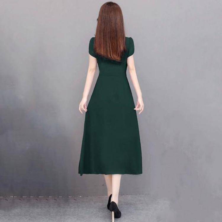 Plus Size Summer Lady Dress Slim Fit A-line Midi Dress Round Neck Short Sleeves Slim Waist Pure Color Mid-calf Length OL Commute