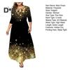 Women O Neck 3/4 Sleeve Maxi Dress Hollow Out Printing Loose Hem High Waist A Line Gown Long Dress Female Clothing