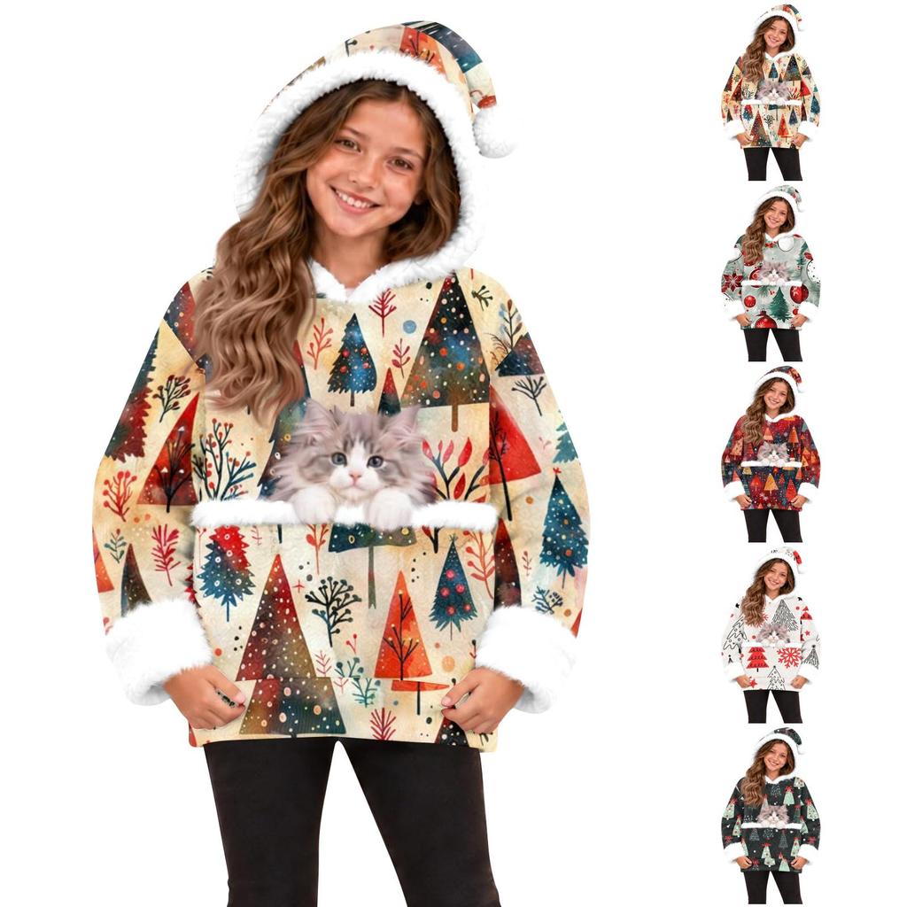 Children's Casual Christmas Tree Print Hooded Top with Large Pet Pocket for Everyday Wear