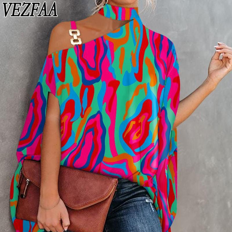 

VEZFAA женские модные повседневные летние весенние блузки и рубашки с короткими рукавами и воротником-стойкой с геометрическим принтом S