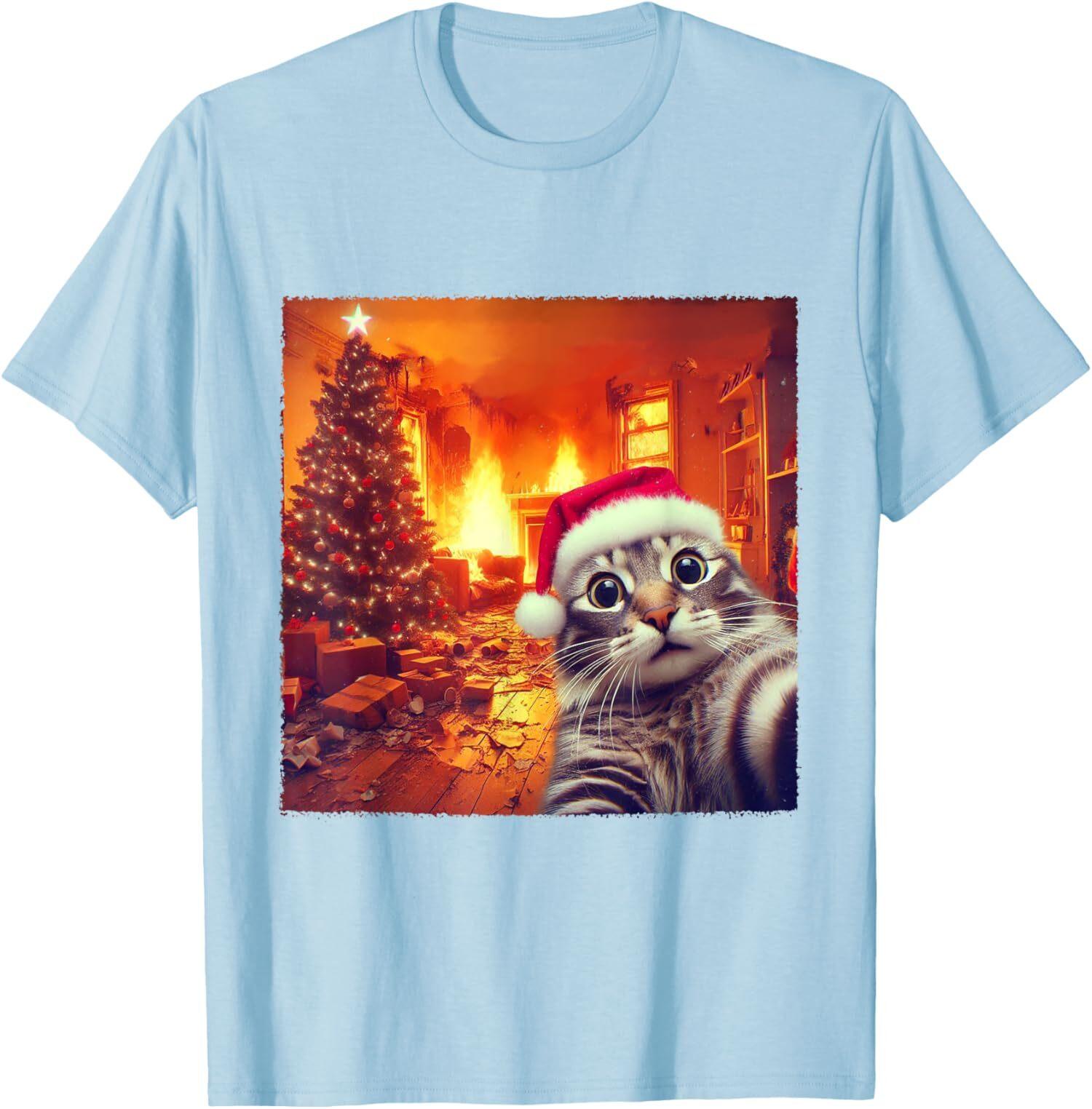 Christmas Cat Funny Santa Cat Selfie with Holiday T-Shirt S разноцветный