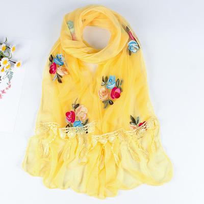 Double Layer Transparent Yarn Long Scarves Head Scarf Flower Embroidery Lace Tassel Hijab Scarf Bufanda Spring Autumn Elegant