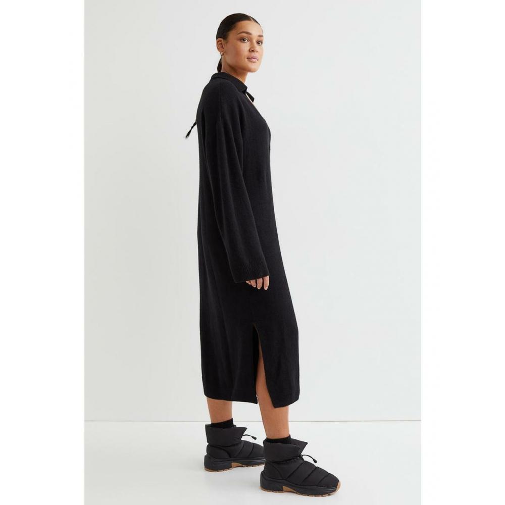 

Трикотажное платье с воротником HM, черное 1009804004