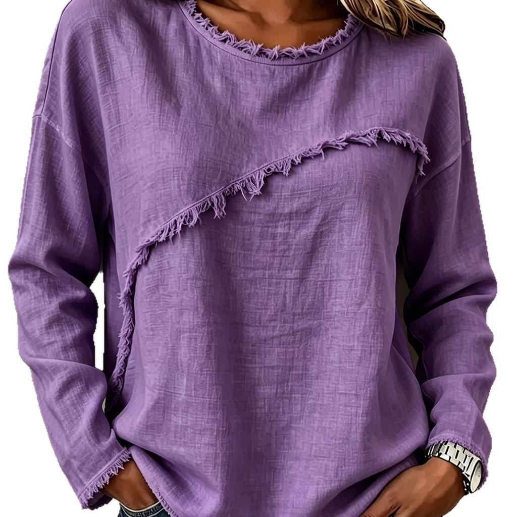 Women Solid Color Raw Edge Long Sleeve Top Casual Loose Fit Pullover Sweatshirt