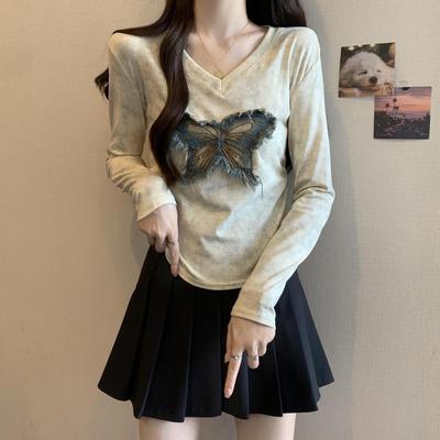 T-shirt Femme Papillon Style Coréen Y2k Crop Top Manches Longues Féminin Plis T-shirt Femme Streetwear Automne T-shirt Vêtements