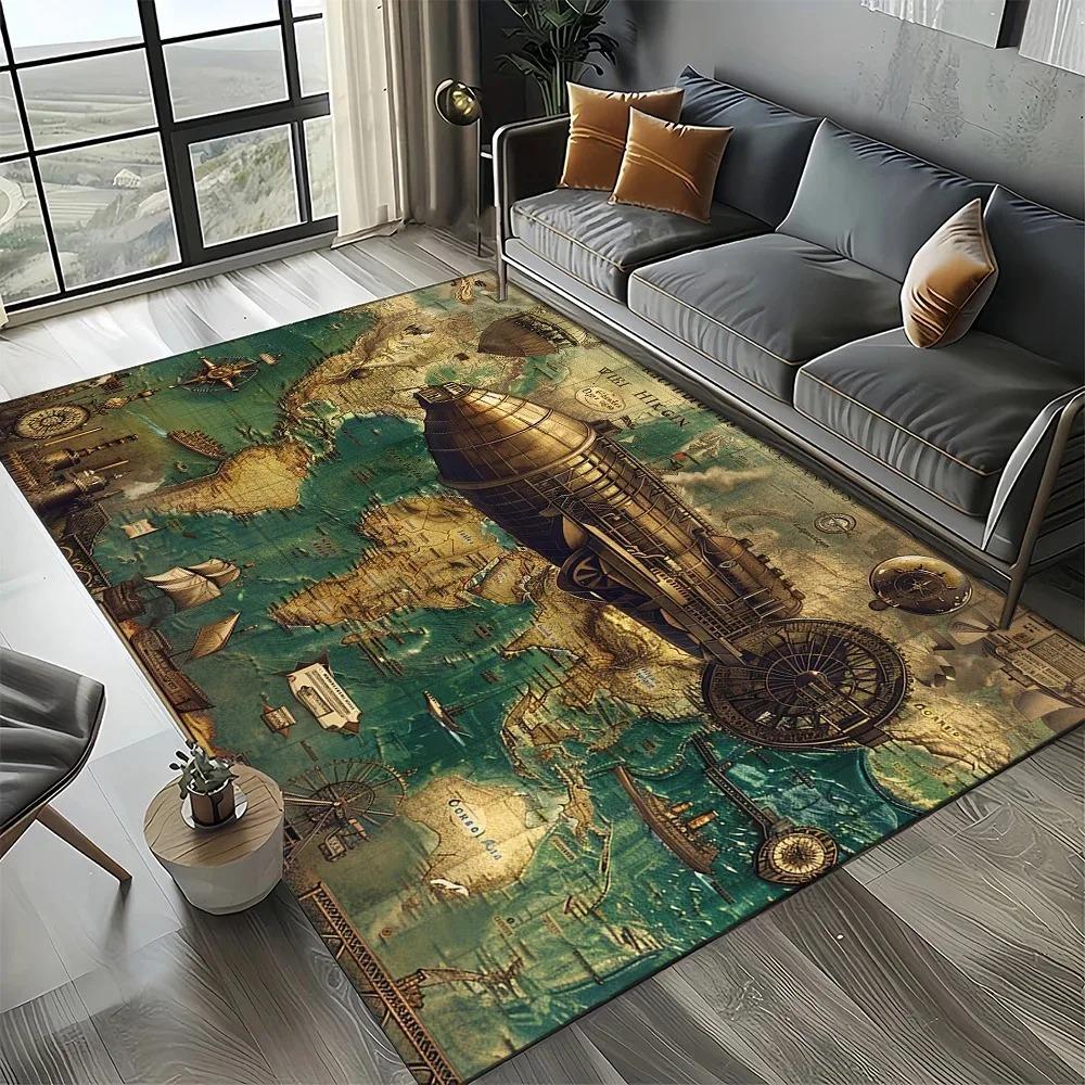 Vintage Nautical Map Rug with Sailing Ships Compass Retro Ocean Adventure Carpet Soft Durable Living Room Floor Decor