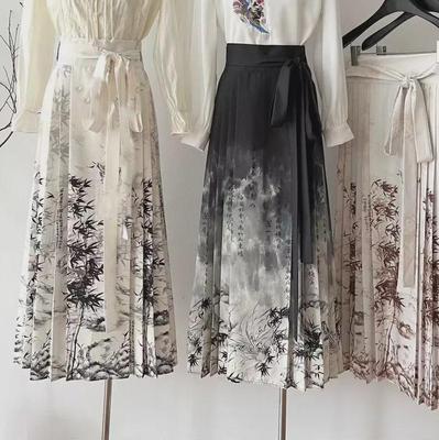 Jupe plissée en mousseline de soie et satin à imprimé feuilles de bambou teintées à l'encre de style chinois pour femme, 2024