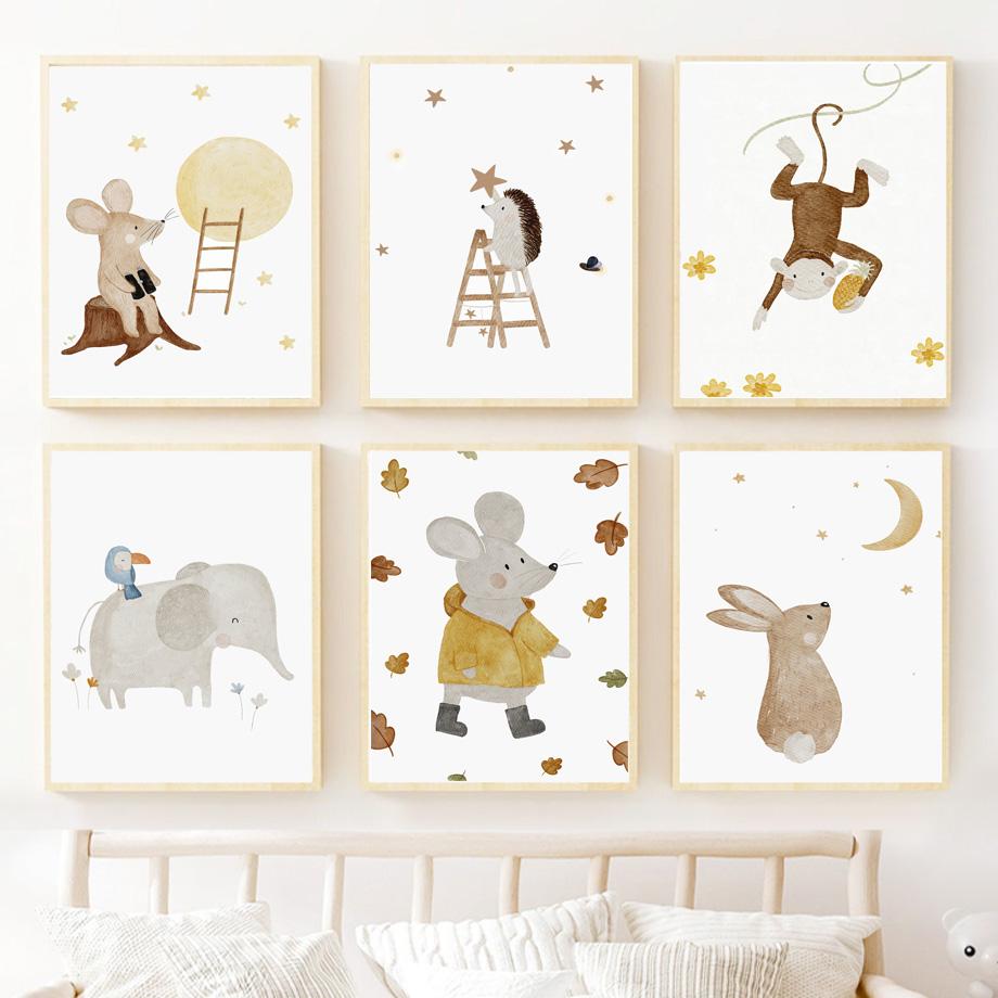 Boho Nursery Bear Rabbit Monkey Moon Number Alphabet Wall Art Children's Prints Posters For Kids Room Baby Decor Canvas Painting