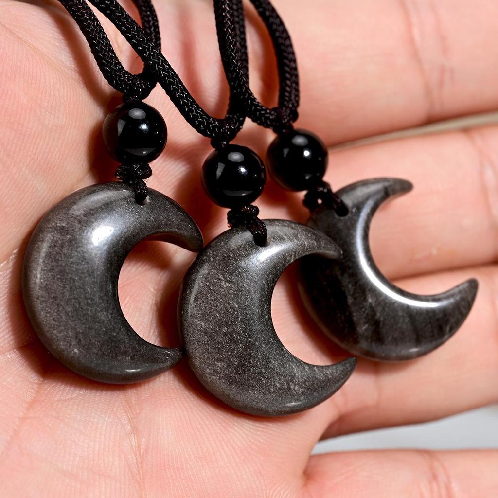 Silver Obsidian Moon Pendant Necklace - Unisex Retro Vacation Style