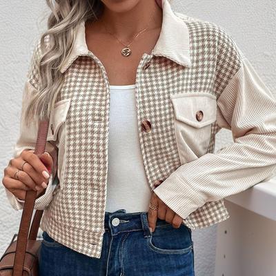Fall Spring Lady Coat Plaid Print Cardigan Button-down Long Sleeves Chest Pockets Turn-down