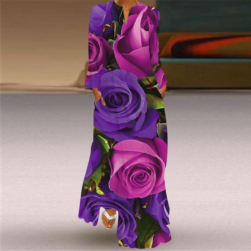 Long Sleeve Dress Classical Beauty Pattern Print Dress Stage Show Performance Wear Travel Photography Clothes