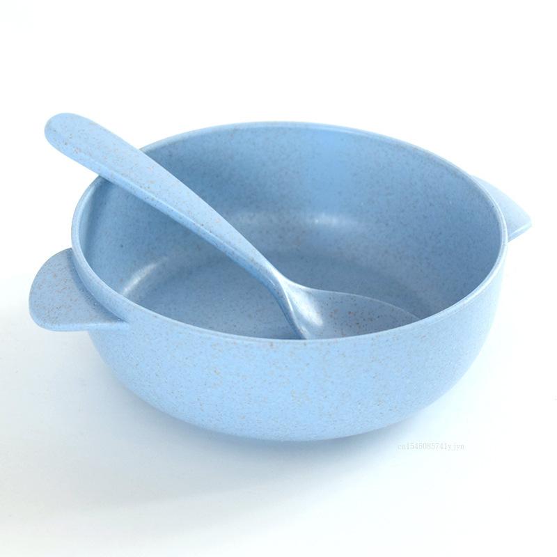 2pcs/set Wheat Straw Bowl with Spoon Lightweight Reusable Dessert and Salad Bowl Durable Breakfast Soup Bowl Children's Bowls